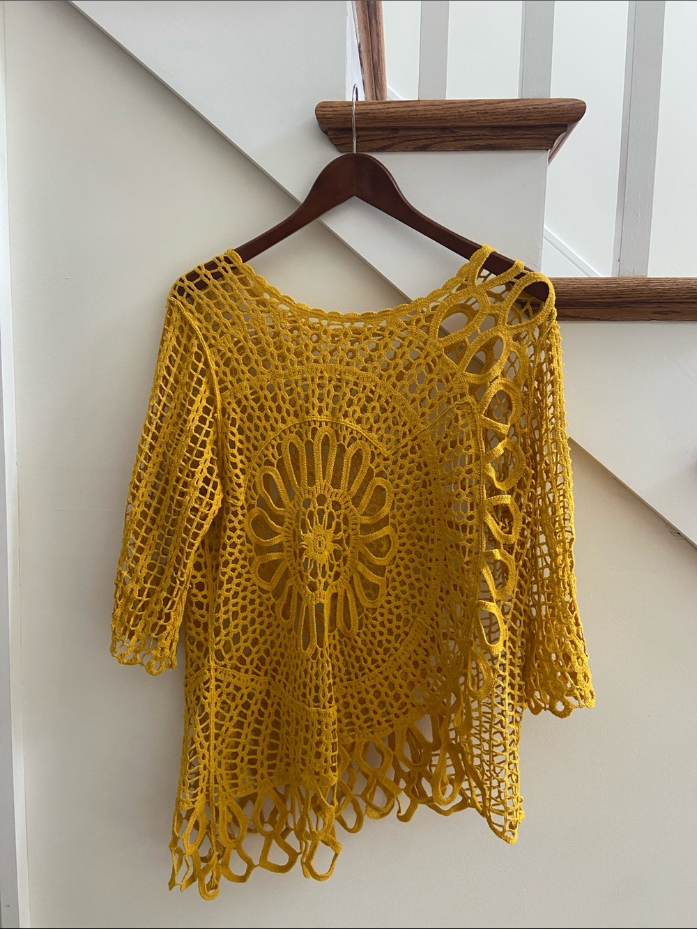 Handmade Crochet Openwork Sweater - Mustard Yellow